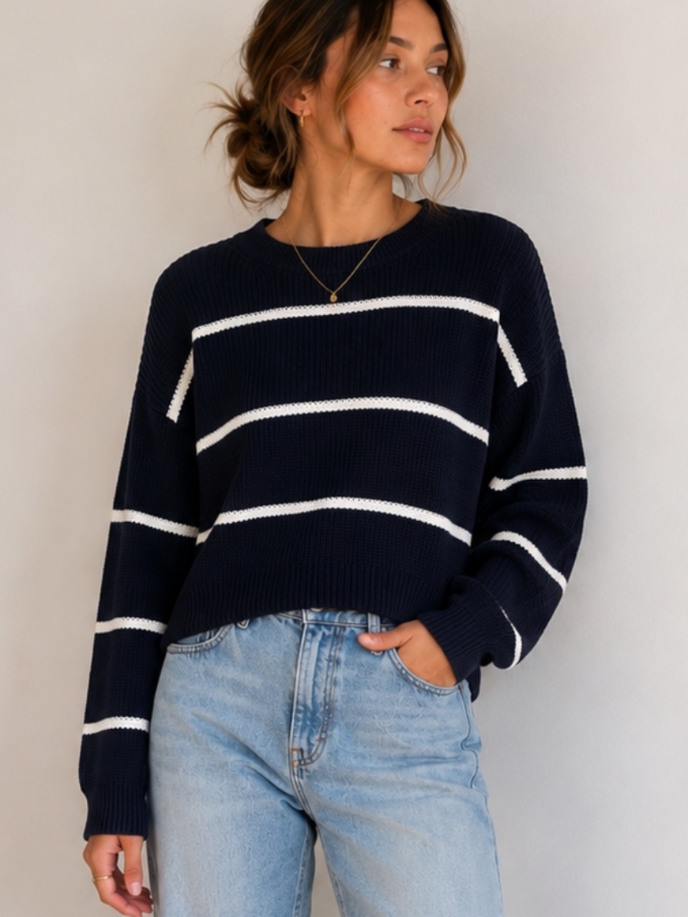 Vince Navy White Stripe Cropped Cotton Crewneck Sweater M
